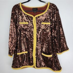 Iman Women’s Brown Sequined Yellow Trim Jacket 1x